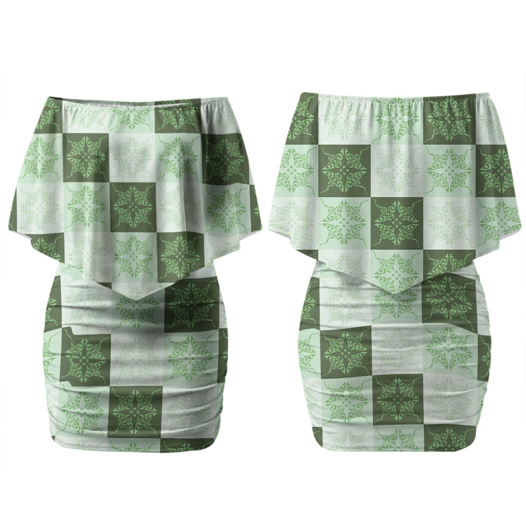 Sage Green Manta Ray Hawaiian Quilt Motif Couples Matching Off Shoulder Short Dress and Hawaiian Shirt
