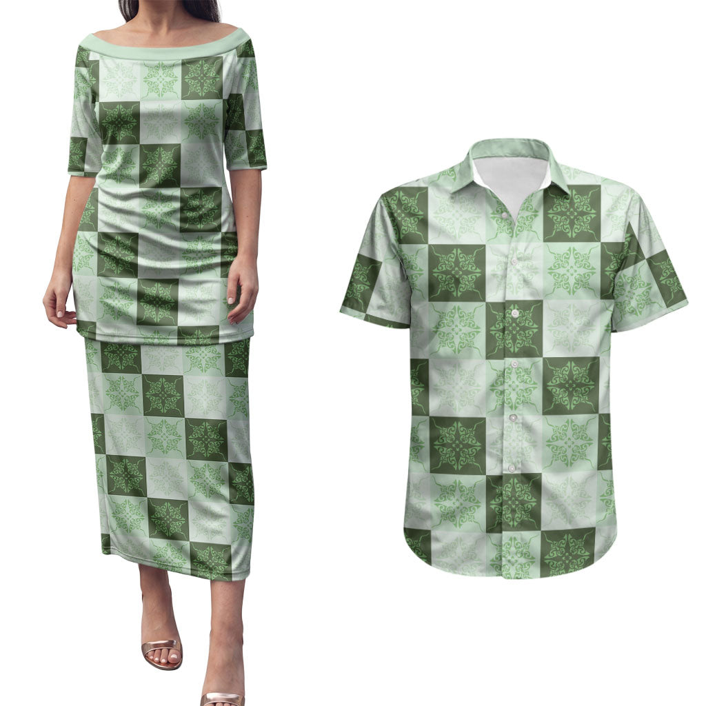 Sage Green Manta Ray Hawaiian Quilt Motif Couples Matching Puletasi and Hawaiian Shirt LT05 Green - Polynesian Pride