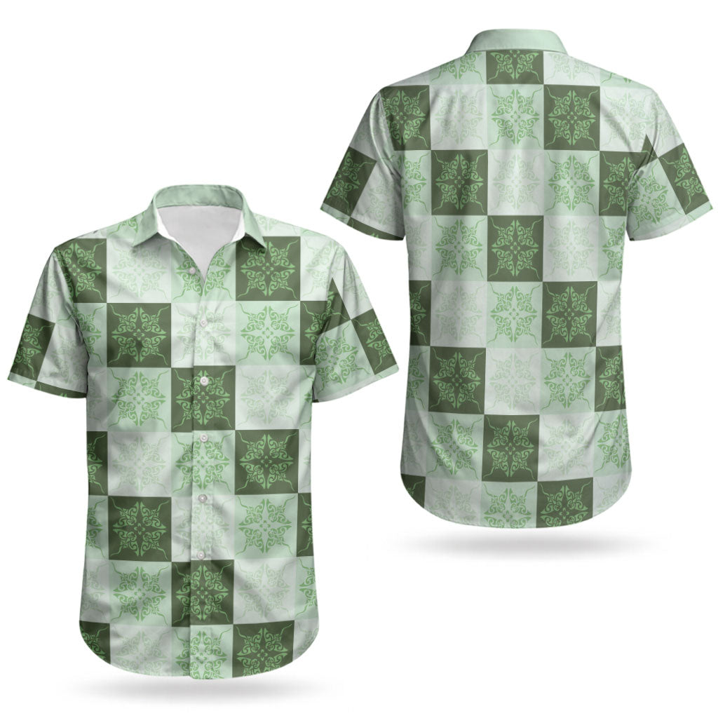 Sage Green Manta Ray Hawaiian Quilt Motif Couples Matching Short Sleeve Bodycon Dress and Hawaiian Shirt