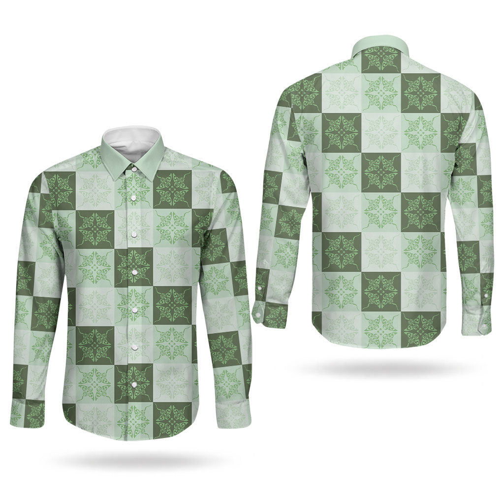 Sage Green Manta Ray Hawaiian Quilt Motif Couples Matching Tank Maxi Dress and Long Sleeve Button Shirt