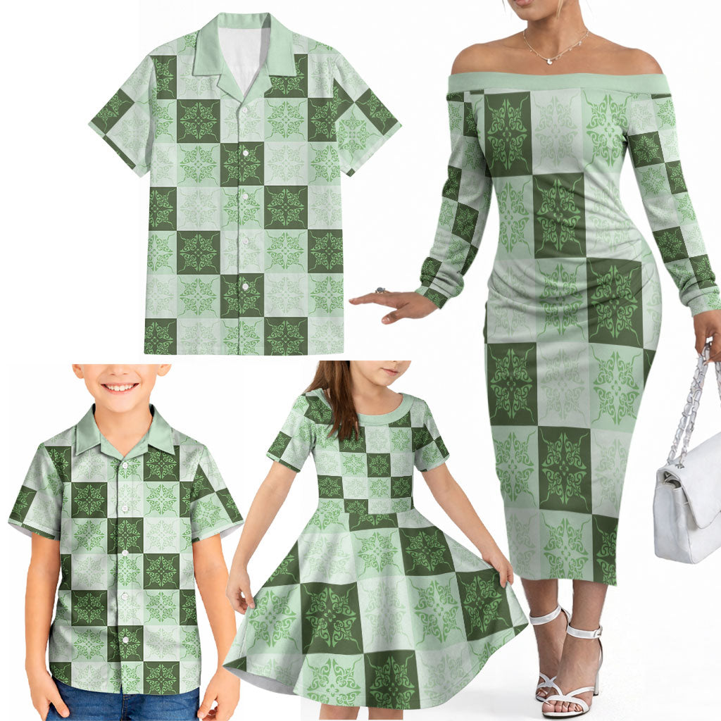 Sage Green Manta Ray Hawaiian Quilt Motif Family Matching Off The Shoulder Long Sleeve Dress and Hawaiian Shirt LT05 - Polynesian Pride