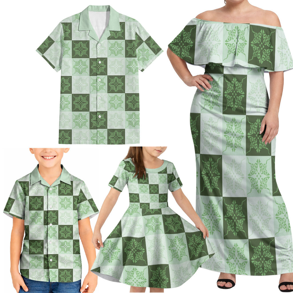 Sage Green Manta Ray Hawaiian Quilt Motif Family Matching Off Shoulder Maxi Dress and Hawaiian Shirt LT05 - Polynesian Pride