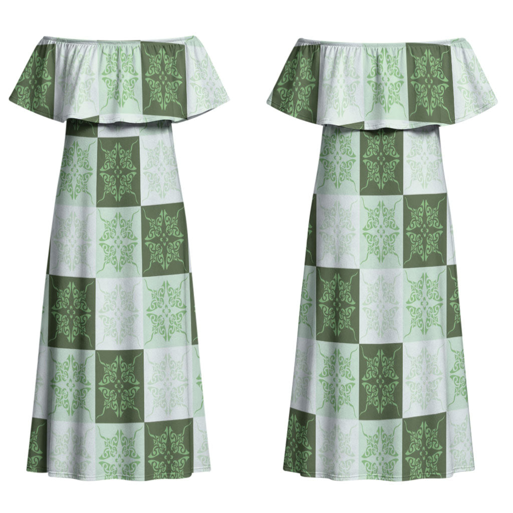 Sage Green Manta Ray Hawaiian Quilt Motif Family Matching Off Shoulder Maxi Dress and Hawaiian Shirt LT05 Mom's Dress Green - Polynesian Pride