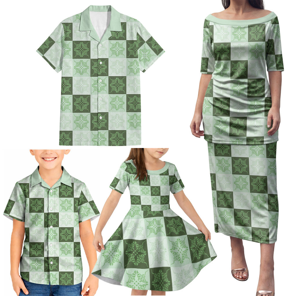 Sage Green Manta Ray Hawaiian Quilt Motif Family Matching Puletasi and Hawaiian Shirt LT05 - Polynesian Pride