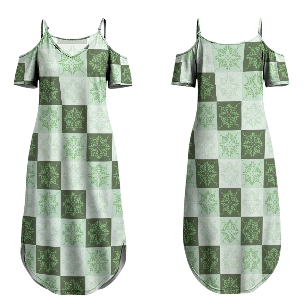 Sage Green Manta Ray Hawaiian Quilt Motif Family Matching Summer Maxi Dress and Hawaiian Shirt LT05 Mom's Dress Green - Polynesian Pride