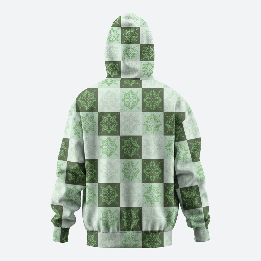 Sage Green Manta Ray Hawaiian Quilt Motif Hoodie