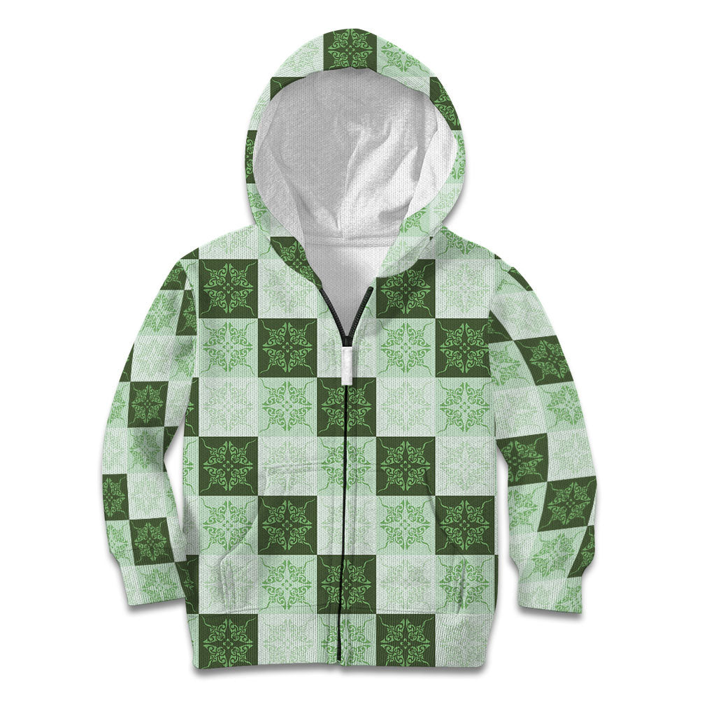 Sage Green Manta Ray Hawaiian Quilt Motif Kid Hoodie