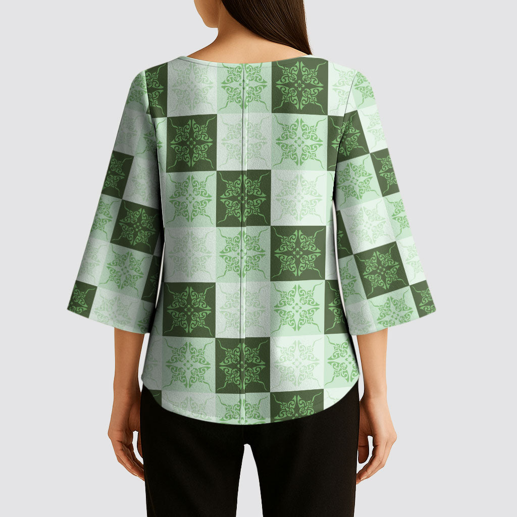 Sage Green Manta Ray Hawaiian Quilt Motif Kimono Sleeve Blouse