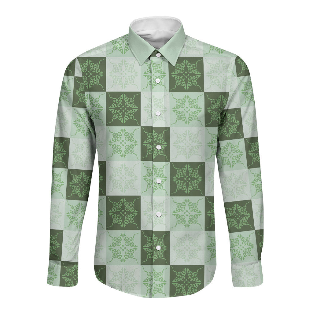 Sage Green Manta Ray Hawaiian Quilt Motif Long Sleeve Button Shirt