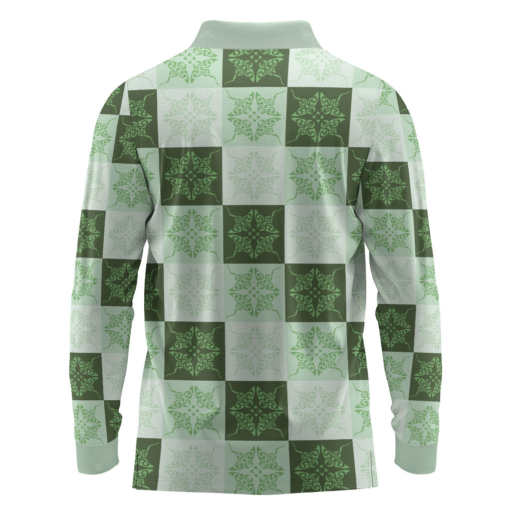 Sage Green Manta Ray Hawaiian Quilt Motif Long Sleeve Polo Shirt