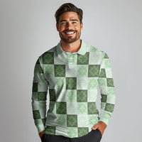 Sage Green Manta Ray Hawaiian Quilt Motif Long Sleeve Polo Shirt