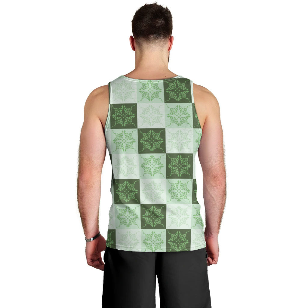 Sage Green Manta Ray Hawaiian Quilt Motif Men Tank Top