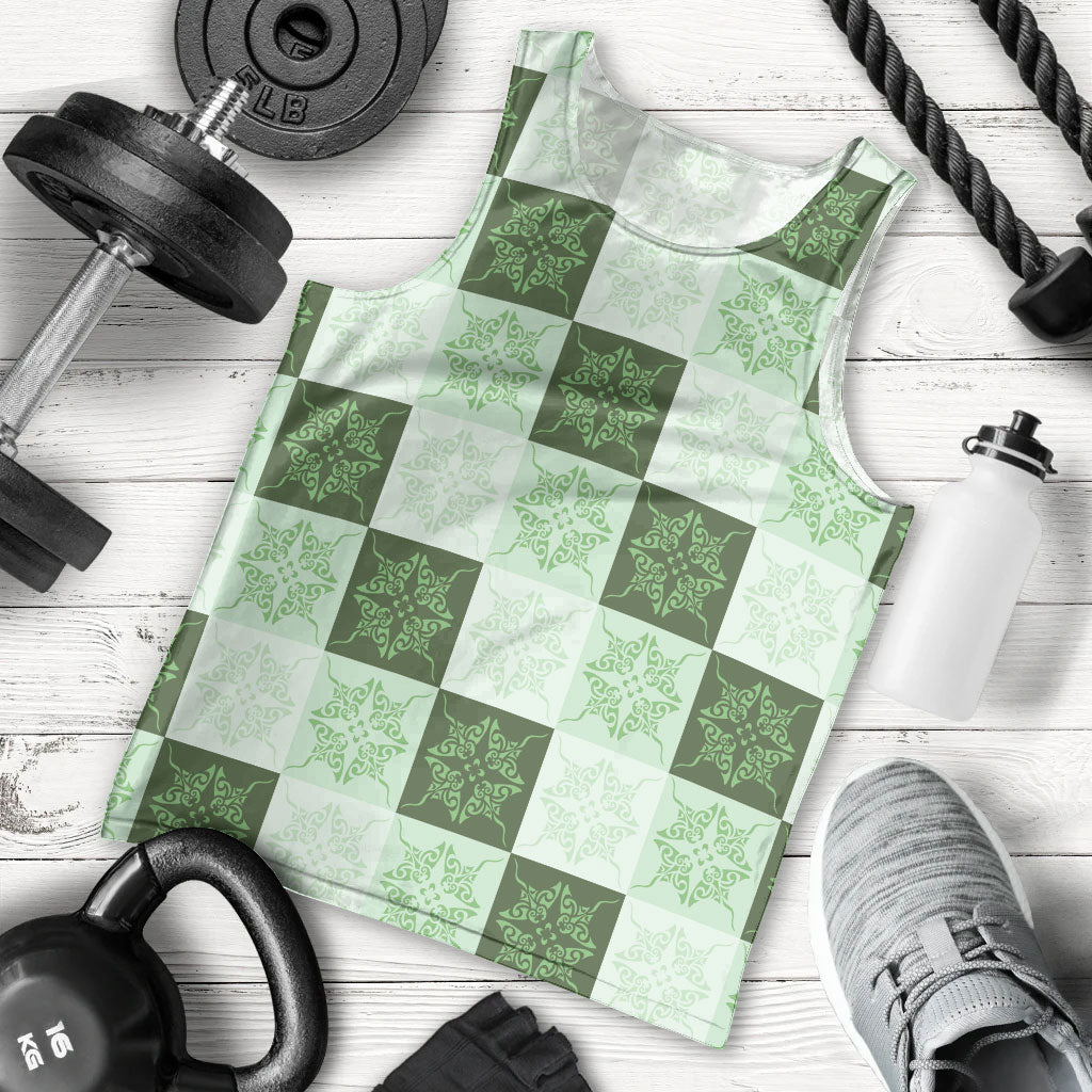 Sage Green Manta Ray Hawaiian Quilt Motif Men Tank Top