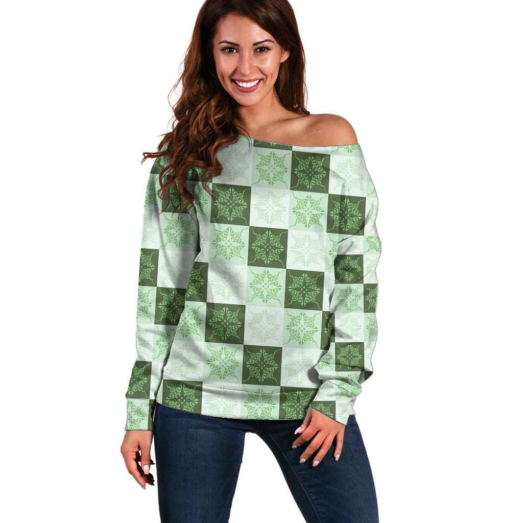 Sage Green Manta Ray Hawaiian Quilt Motif Off Shoulder Sweater LT05 Women Green - Polynesian Pride