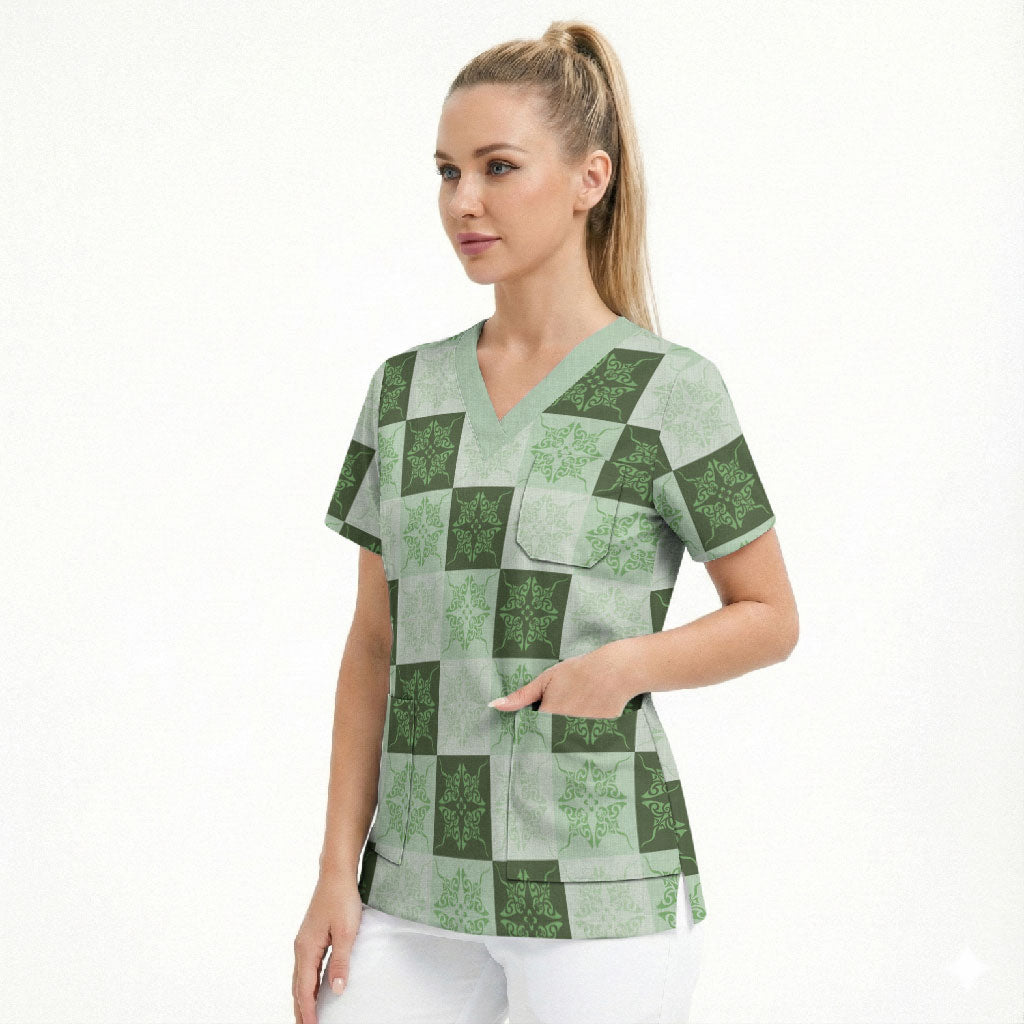 Sage Green Manta Ray Hawaiian Quilt Motif Scrub Top