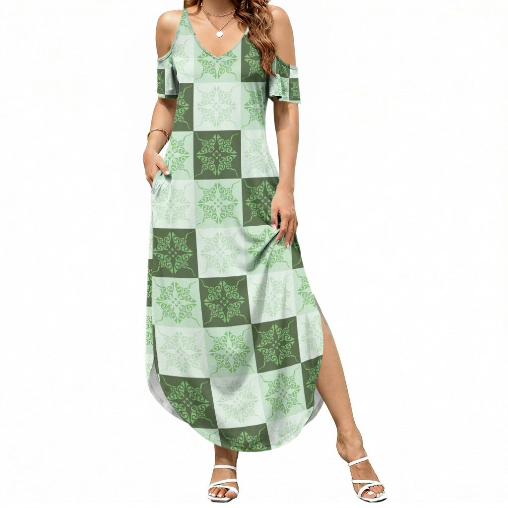 Sage Green Manta Ray Hawaiian Quilt Motif Summer Maxi Dress
