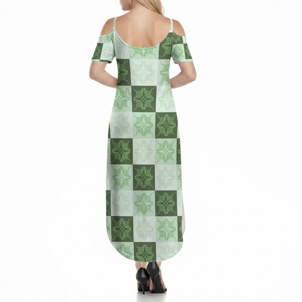 Sage Green Manta Ray Hawaiian Quilt Motif Summer Maxi Dress