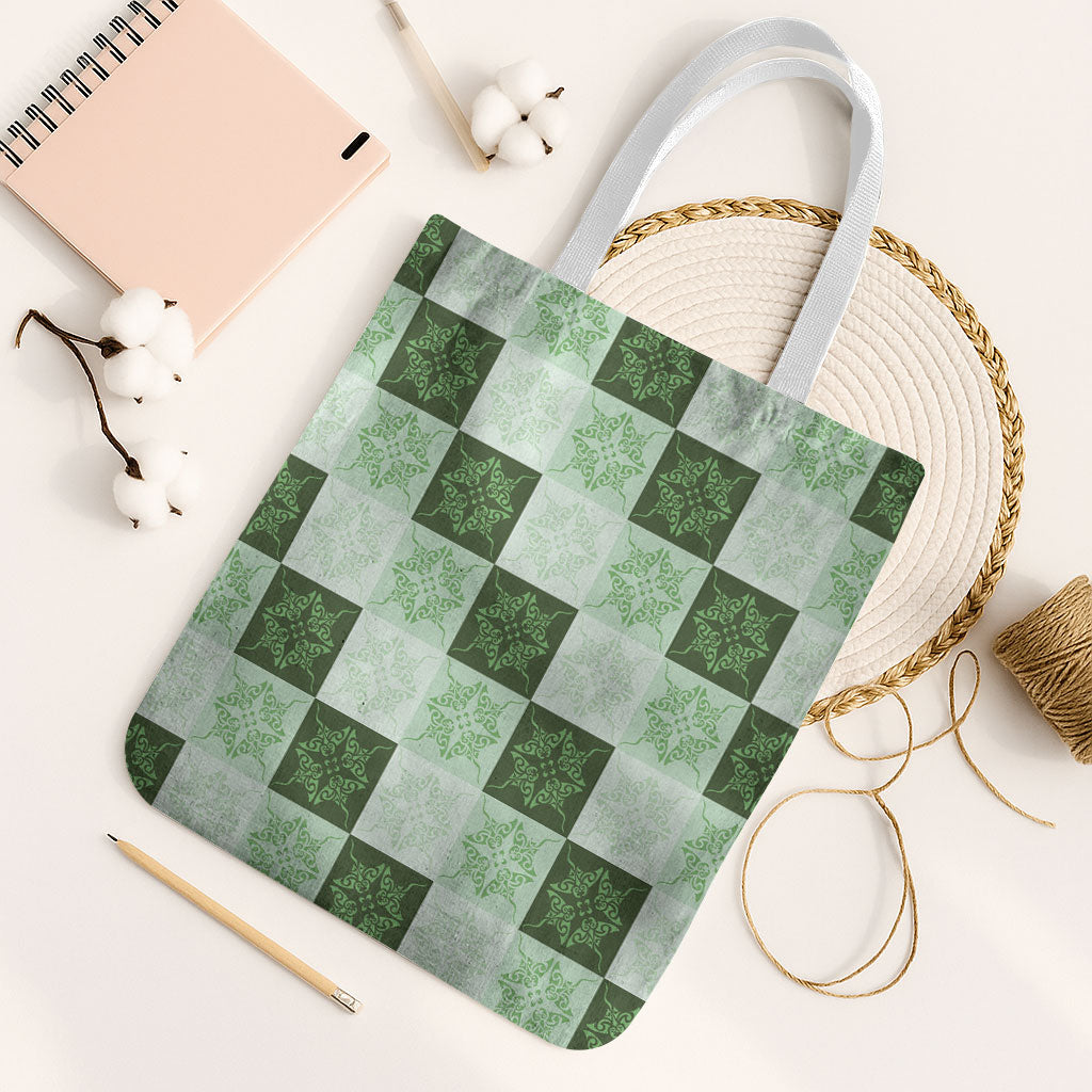 Sage Green Manta Ray Hawaiian Quilt Motif Tote Bag