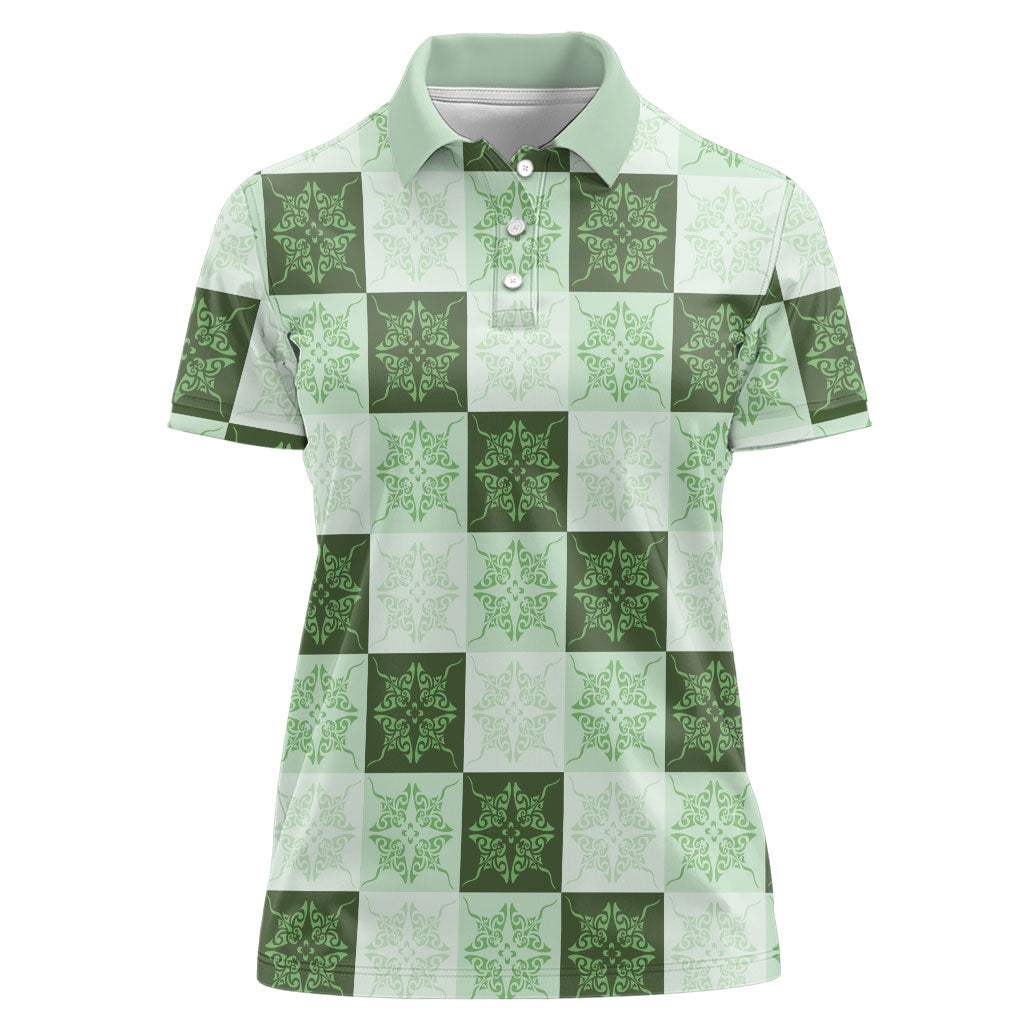 Sage Green Manta Ray Hawaiian Quilt Motif Women Polo Shirt