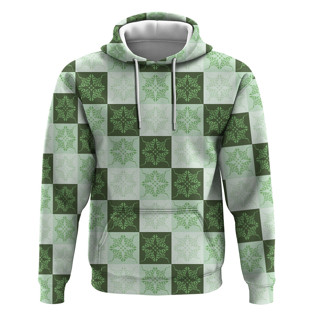 Sage Green Manta Ray Hawaiian Quilt Motif Zip Hoodie