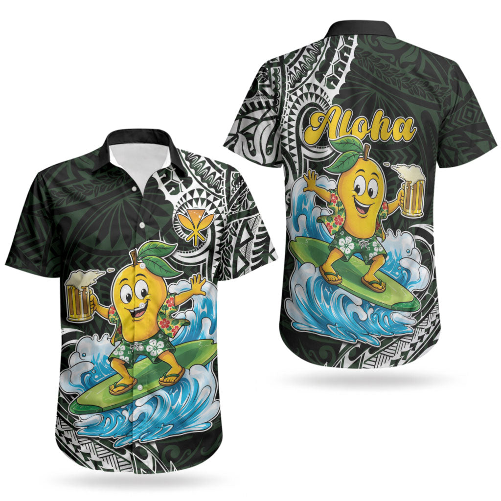 Aloha Hawaii Mango Surfing Couples Matching Mermaid Dress and Hawaiian Shirt Polynesian Style