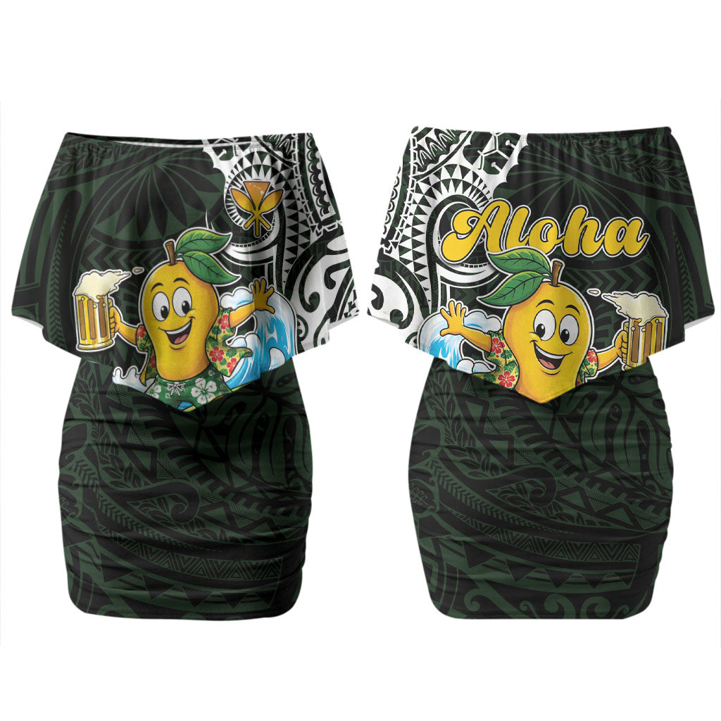 Aloha Hawaii Mango Surfing Couples Matching Off Shoulder Short Dress and Hawaiian Shirt Polynesian Style