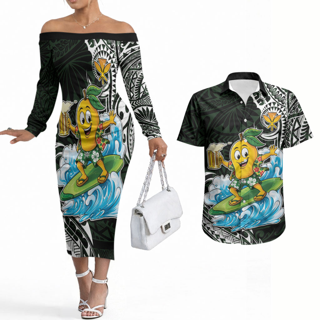 Aloha Hawaii Mango Surfing Couples Matching Off The Shoulder Long Sleeve Dress and Hawaiian Shirt Polynesian Style