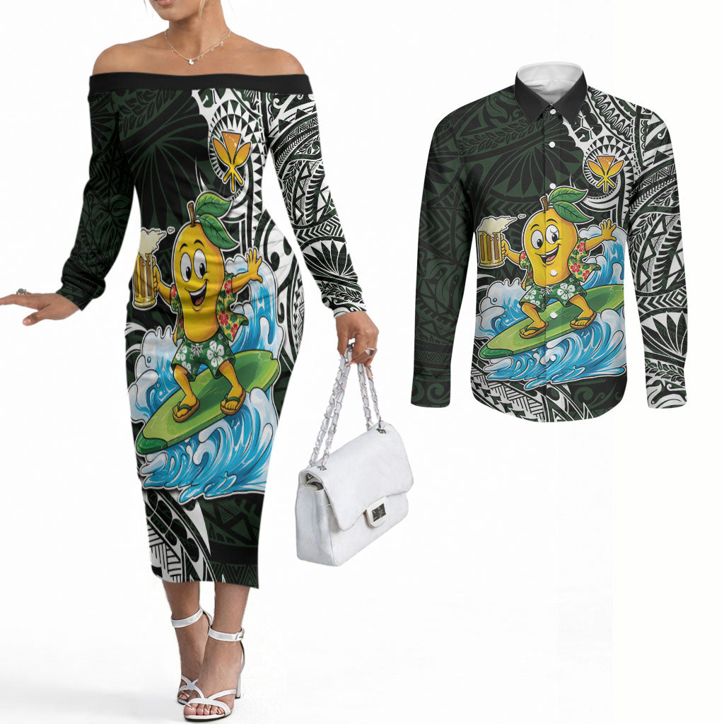 Aloha Hawaii Mango Surfing Couples Matching Off The Shoulder Long Sleeve Dress and Long Sleeve Button Shirt Polynesian Style