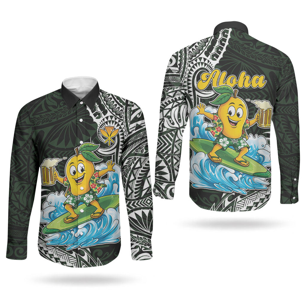 Aloha Hawaii Mango Surfing Couples Matching Off The Shoulder Long Sleeve Dress and Long Sleeve Button Shirt Polynesian Style