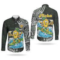Aloha Hawaii Mango Surfing Couples Matching Puletasi and Long Sleeve Button Shirt Polynesian Style