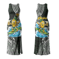 Aloha Hawaii Mango Surfing Couples Matching Tank Maxi Dress and Long Sleeve Button Shirt Polynesian Style