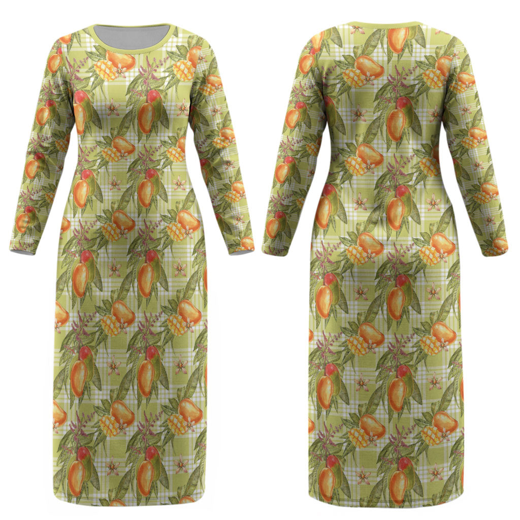 Vintage Hawaii Mango Couples Matching Long Sleeve Bodycon Dress and Long Sleeve Button Shirt Yellow Green Hawaiian Palaka