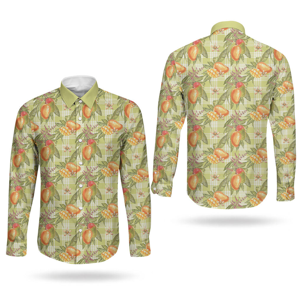Vintage Hawaii Mango Couples Matching Off Shoulder Short Dress and Long Sleeve Button Shirt Yellow Green Hawaiian Palaka