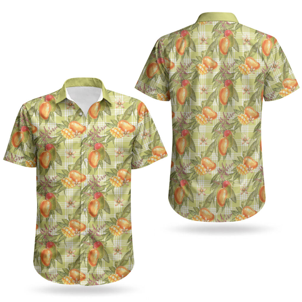 Vintage Hawaii Mango Couples Matching Off The Shoulder Long Sleeve Dress and Hawaiian Shirt Yellow Green Hawaiian Palaka