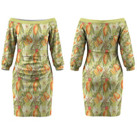 Vintage Hawaii Mango Couples Matching Off The Shoulder Long Sleeve Dress and Hawaiian Shirt Yellow Green Hawaiian Palaka