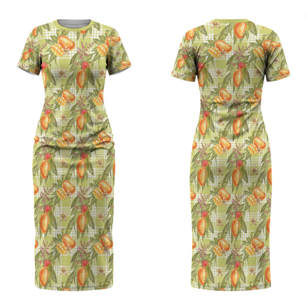 Vintage Hawaii Mango Couples Matching Short Sleeve Bodycon Dress and Hawaiian Shirt Yellow Green Hawaiian Palaka