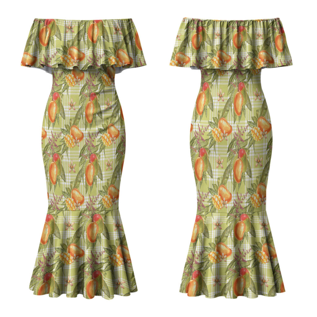 Vintage Hawaii Mango Family Matching Mermaid Dress and Hawaiian Shirt Yellow Green Hawaiian Palaka