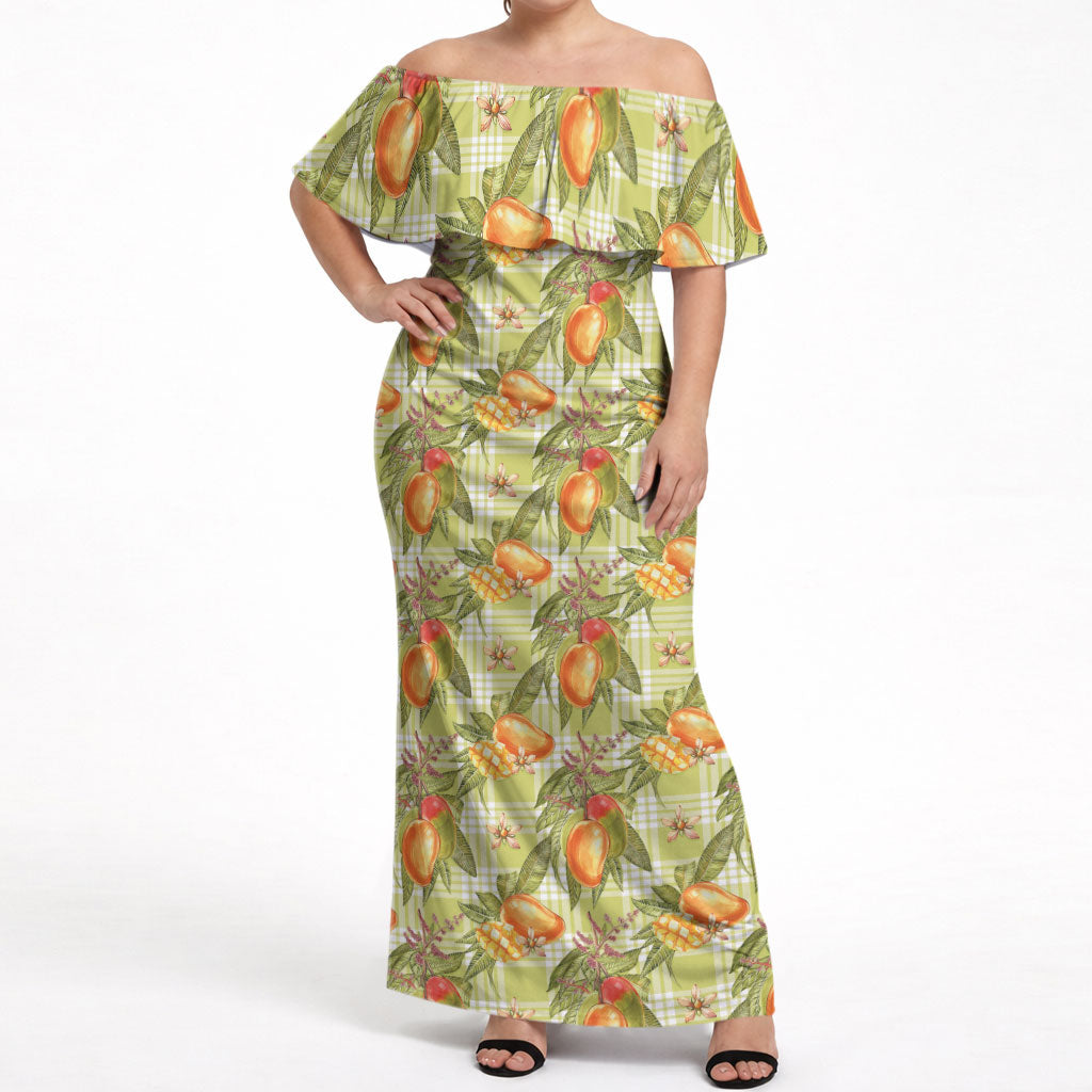 Vintage Hawaii Mango Off Shoulder Maxi Dress Yellow Green Hawaiian Palaka