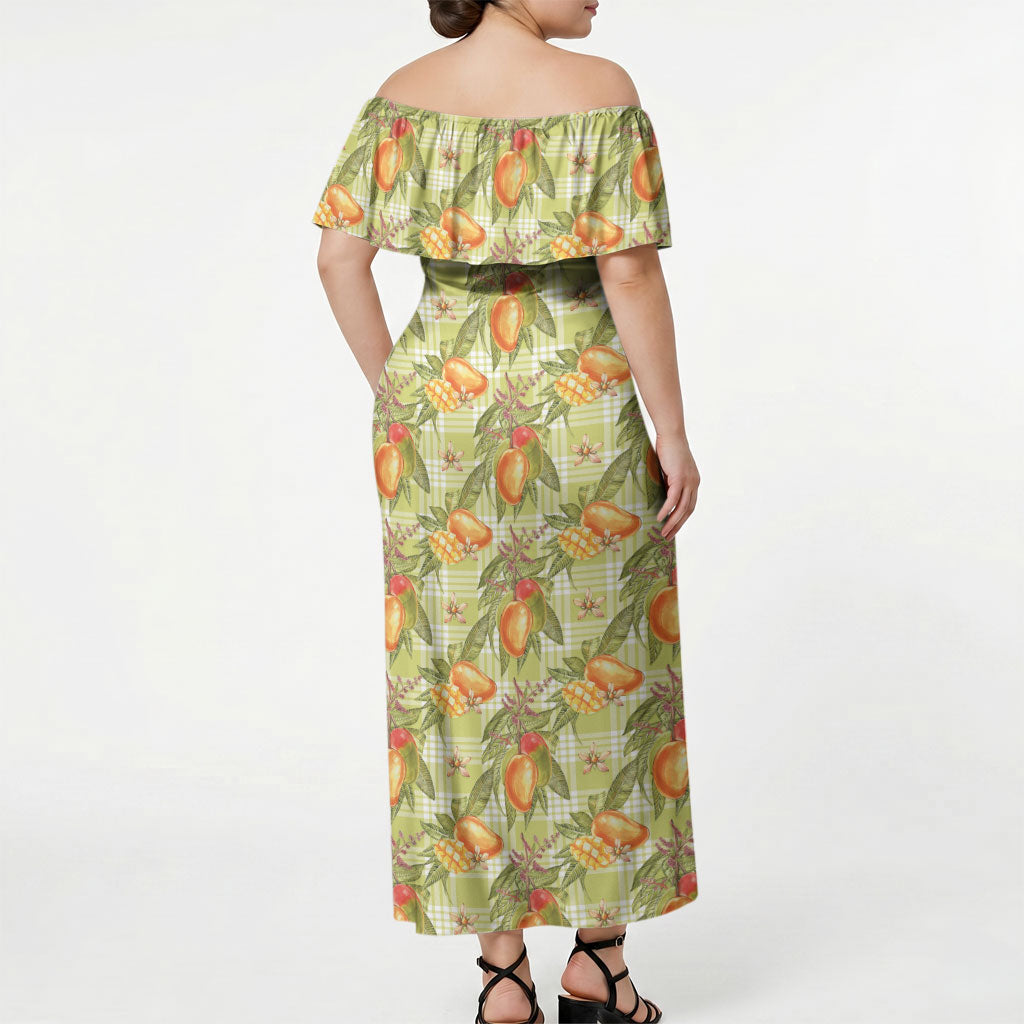 Vintage Hawaii Mango Off Shoulder Maxi Dress Yellow Green Hawaiian Palaka