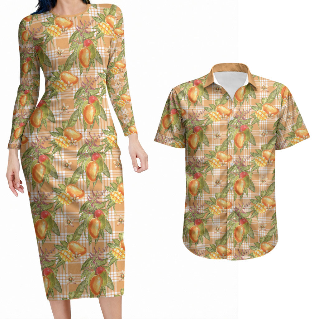 Vintage Hawaii Mango Couples Matching Long Sleeve Bodycon Dress and Hawaiian Shirt Coral Hawaiian Palaka
