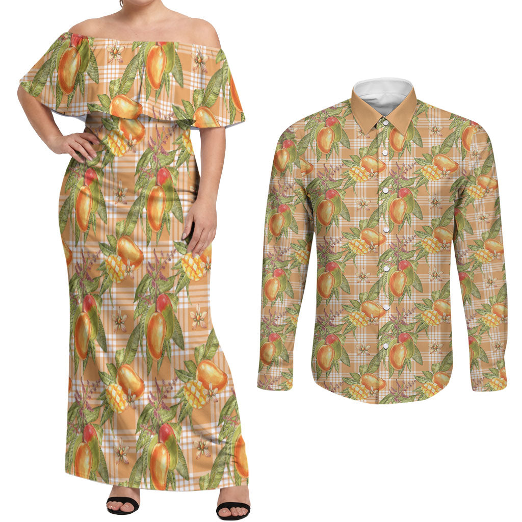 Vintage Hawaii Mango Couples Matching Off Shoulder Maxi Dress and Long Sleeve Button Shirt Coral Hawaiian Palaka