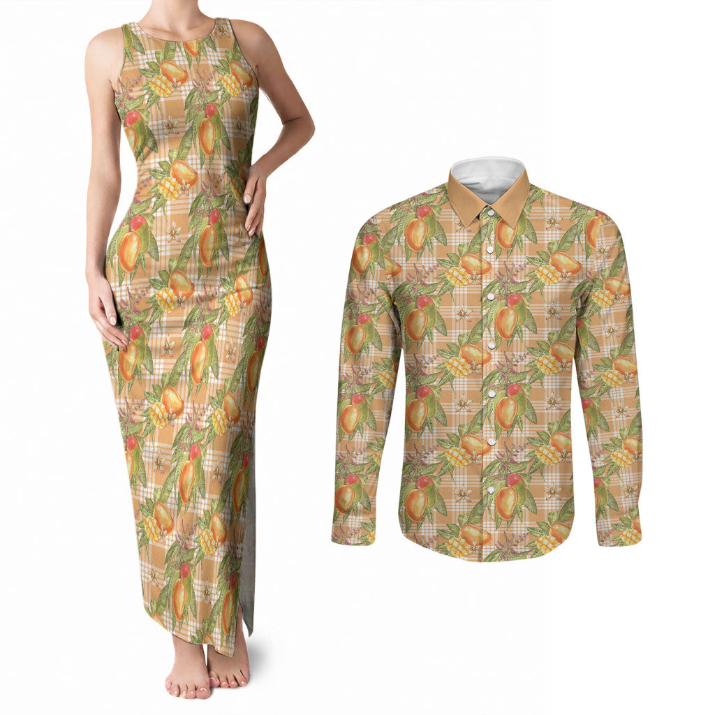 Vintage Hawaii Mango Couples Matching Tank Maxi Dress and Long Sleeve Button Shirt Coral Hawaiian Palaka