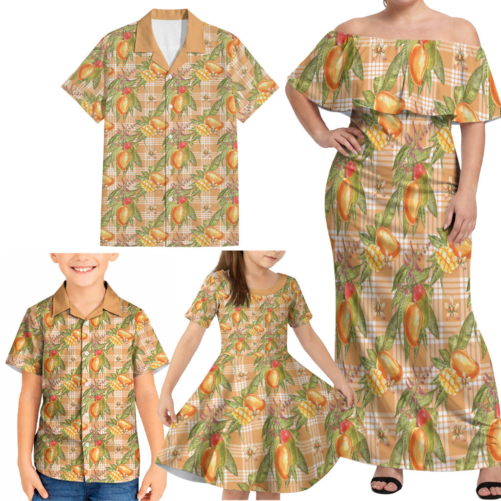 Vintage Hawaii Mango Family Matching Off Shoulder Maxi Dress and Hawaiian Shirt Coral Hawaiian Palaka