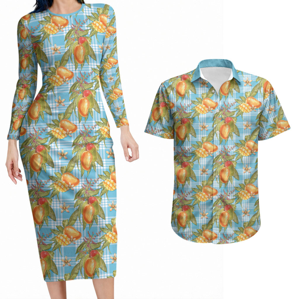 Vintage Hawaii Mango Couples Matching Long Sleeve Bodycon Dress and Hawaiian Shirt Blue Hawaiian Palaka