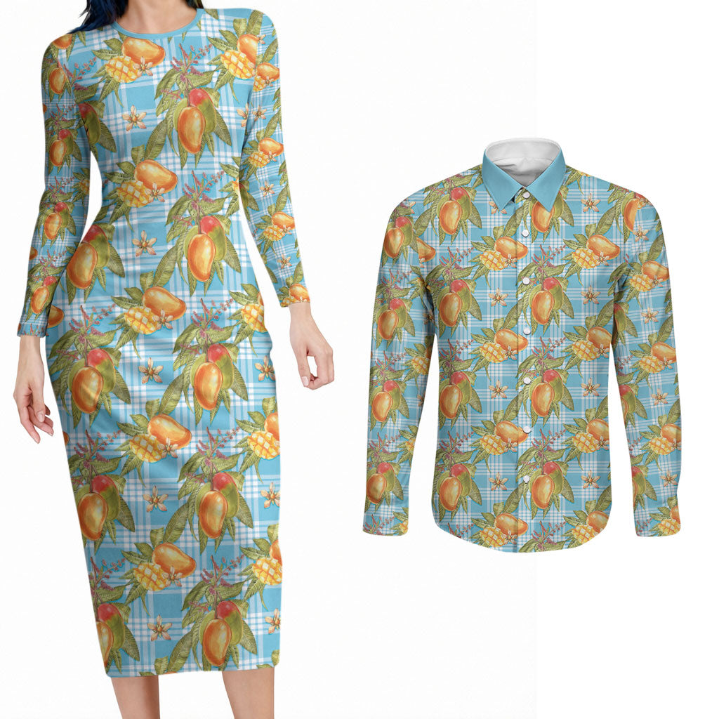 Vintage Hawaii Mango Couples Matching Long Sleeve Bodycon Dress and Long Sleeve Button Shirt Blue Hawaiian Palaka