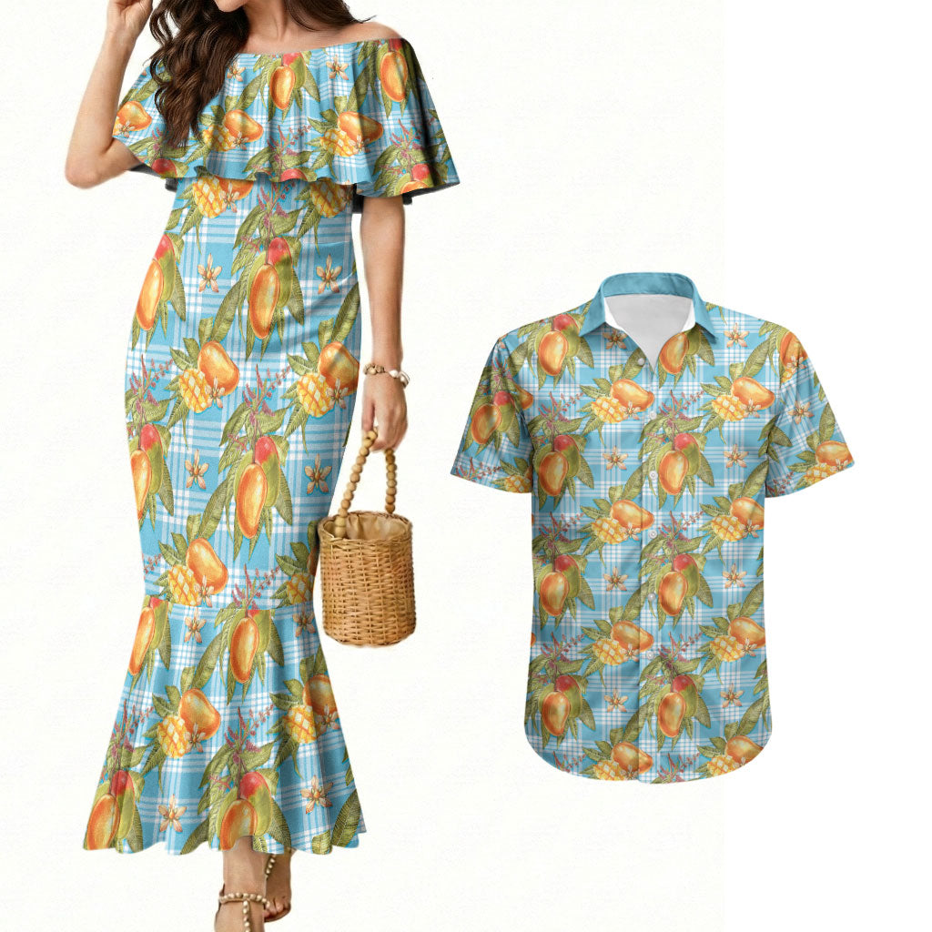 Vintage Hawaii Mango Couples Matching Mermaid Dress and Hawaiian Shirt Blue Hawaiian Palaka