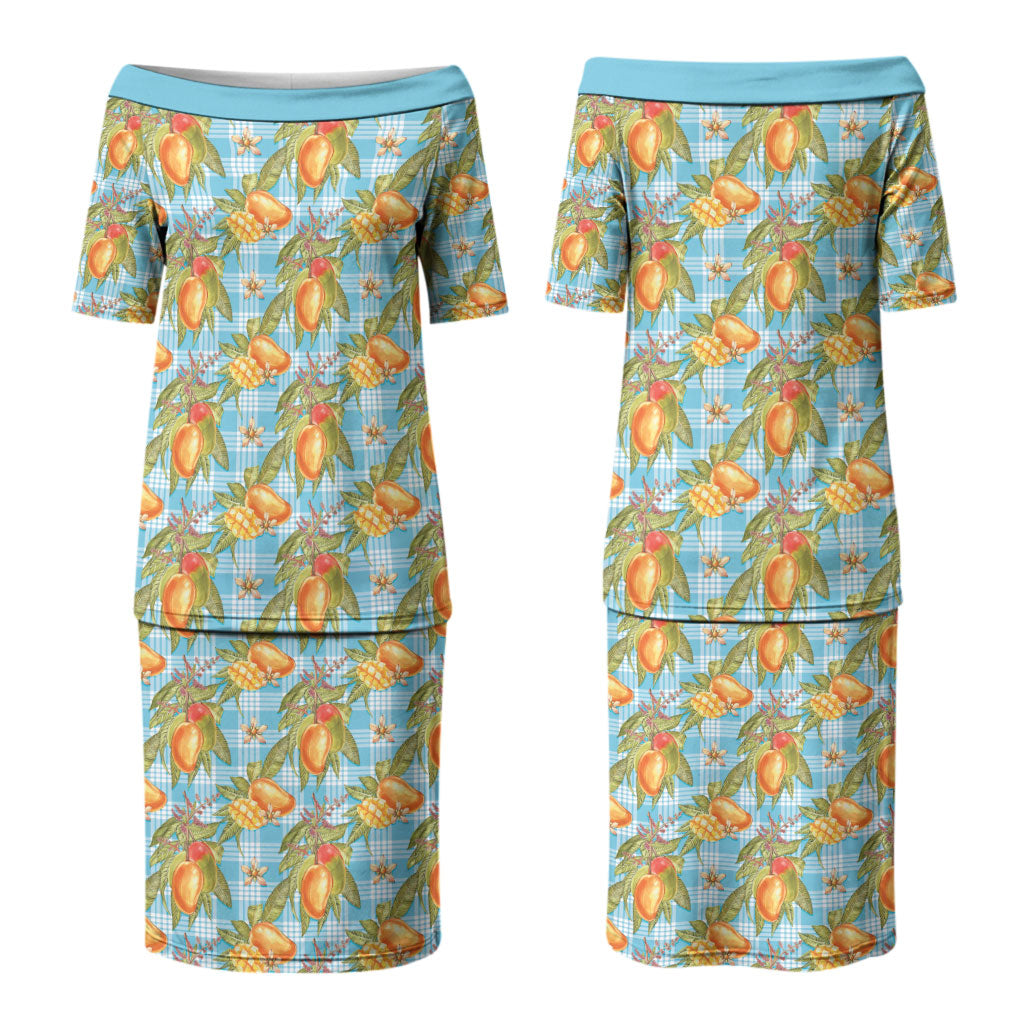 Vintage Hawaii Mango Couples Matching Puletasi and Hawaiian Shirt Blue Hawaiian Palaka