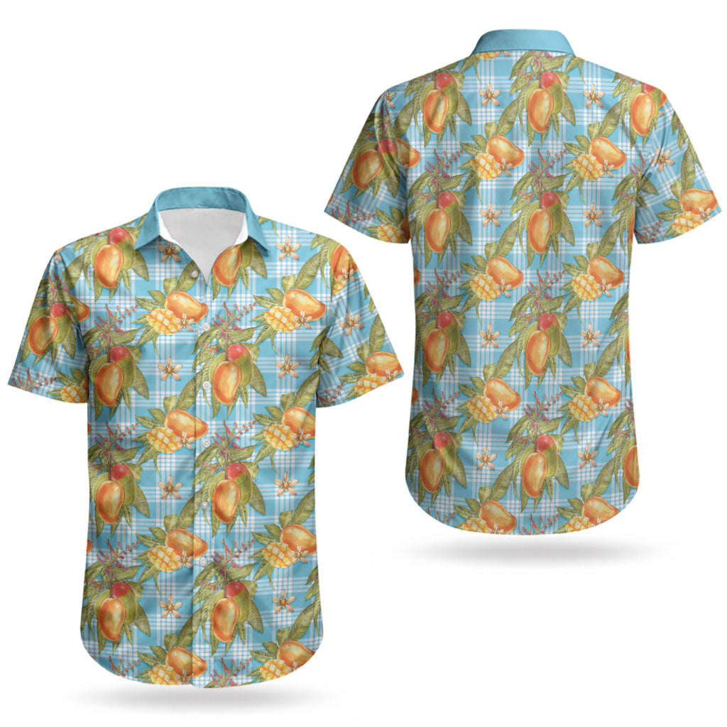 Vintage Hawaii Mango Couples Matching Short Sleeve Bodycon Dress and Hawaiian Shirt Blue Hawaiian Palaka