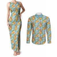 Vintage Hawaii Mango Couples Matching Tank Maxi Dress and Long Sleeve Button Shirt Blue Hawaiian Palaka