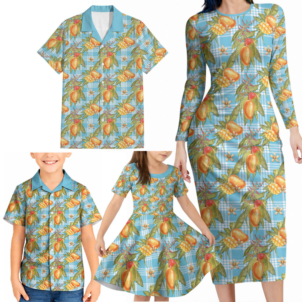Vintage Hawaii Mango Family Matching Long Sleeve Bodycon Dress and Hawaiian Shirt Blue Hawaiian Palaka LT05 - Polynesian Pride
